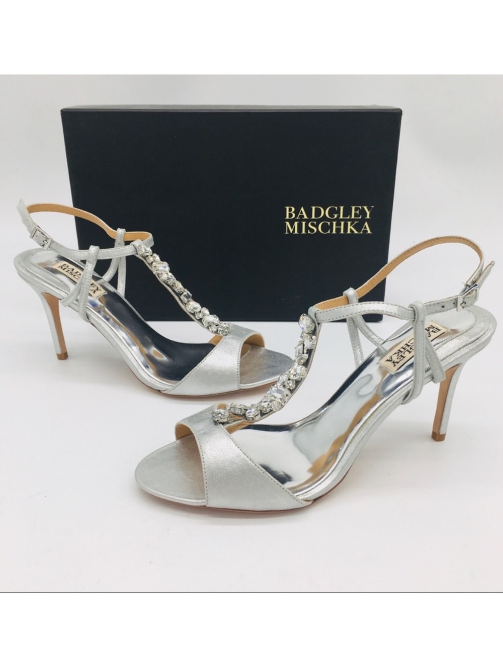Badgley Mischka Silver Crystal T-Strap Heels Martina II